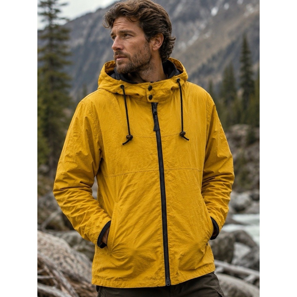 Brookstone Men's L/XL Mustard Yellow Nylon Hooded Windbreaker Jacket Full Zip